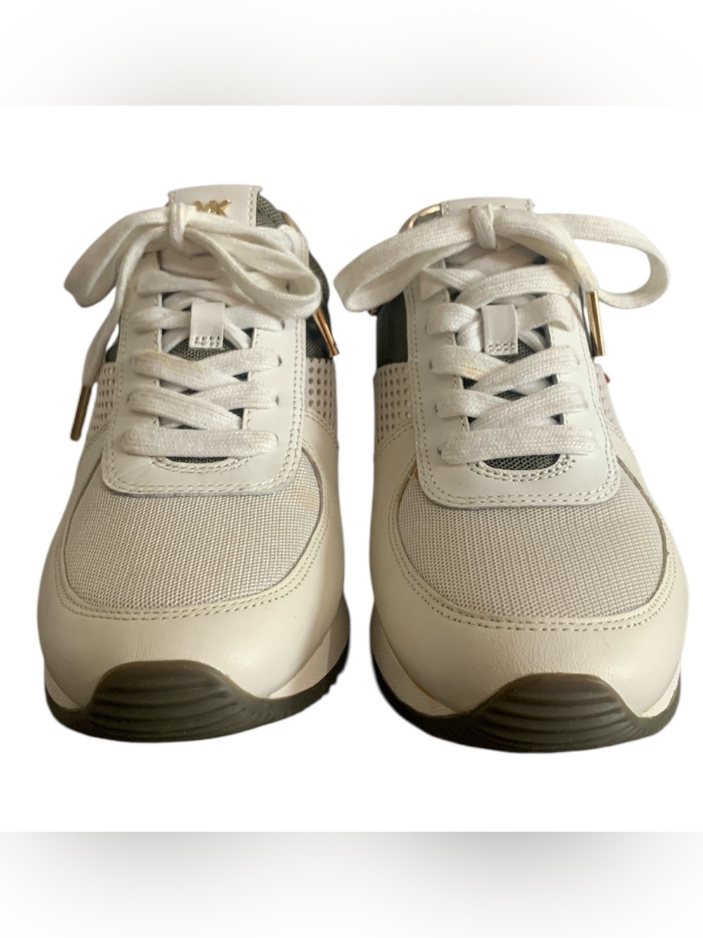 Michael Kors Cream/Olive Green and Gold Accent Mesh Low-Top Sneakers 8.5 - Picture 2 of 10